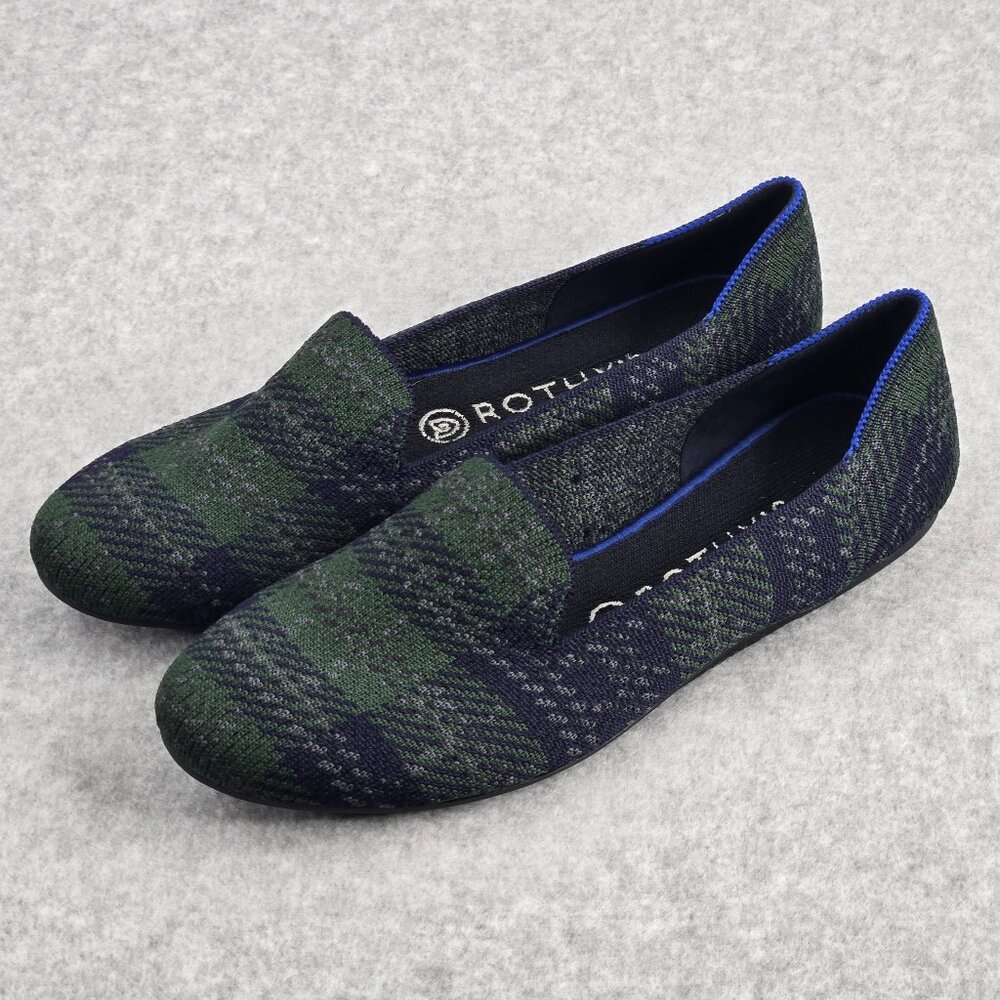 Rothys The Flat Forest Size 9.5 Slip On Flats Shoes Hunter Green Tartan Plaid